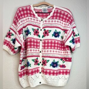 Vintage Pink Gingham Floral Cottagecore Crochet Knit Sweater Cardigan Size L